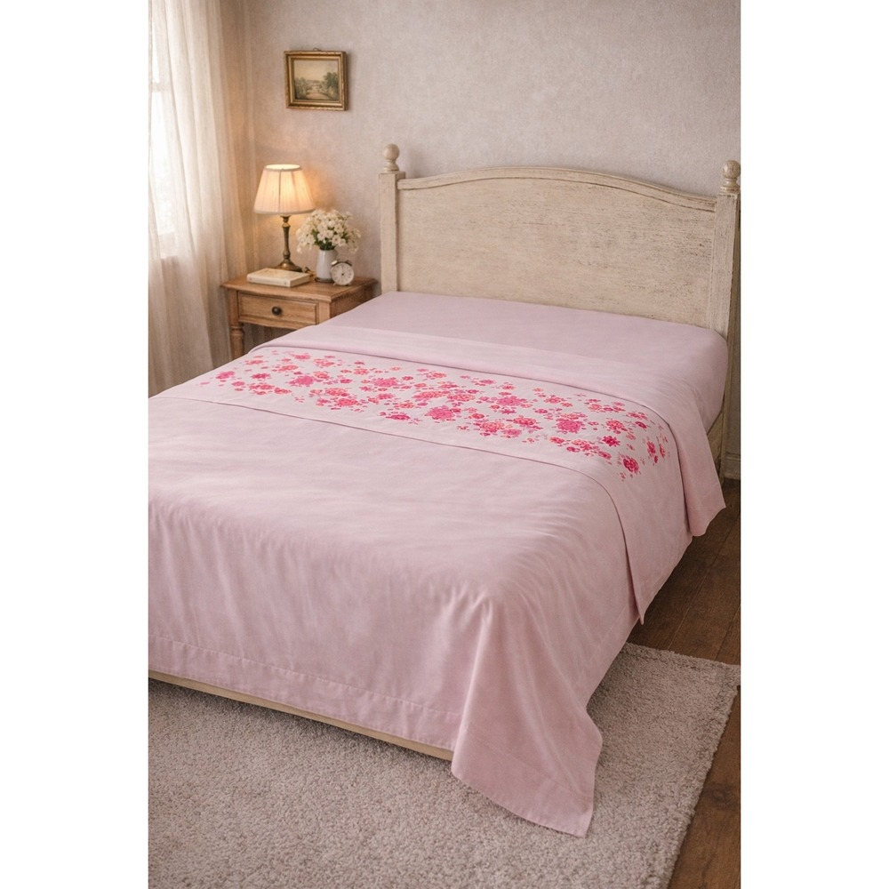 Vintage Montgomery Ward Pink Orange Floral Muslin Flat Sheet Double Full 81x104